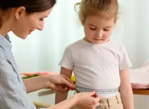 Žena měří pas dítěte páskou pro určení velikosti oblečení.
