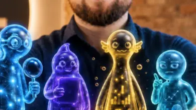 Muž drží v rukou čtyři svítící hologramy symbolizující filantropii.