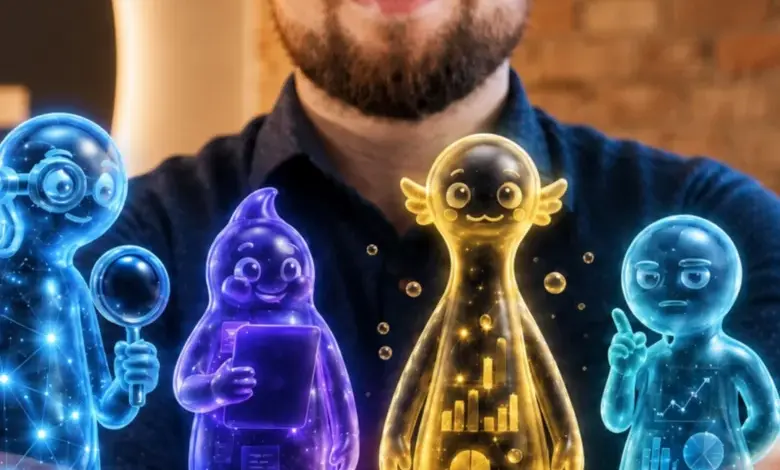 Muž drží v rukou čtyři svítící hologramy symbolizující filantropii.