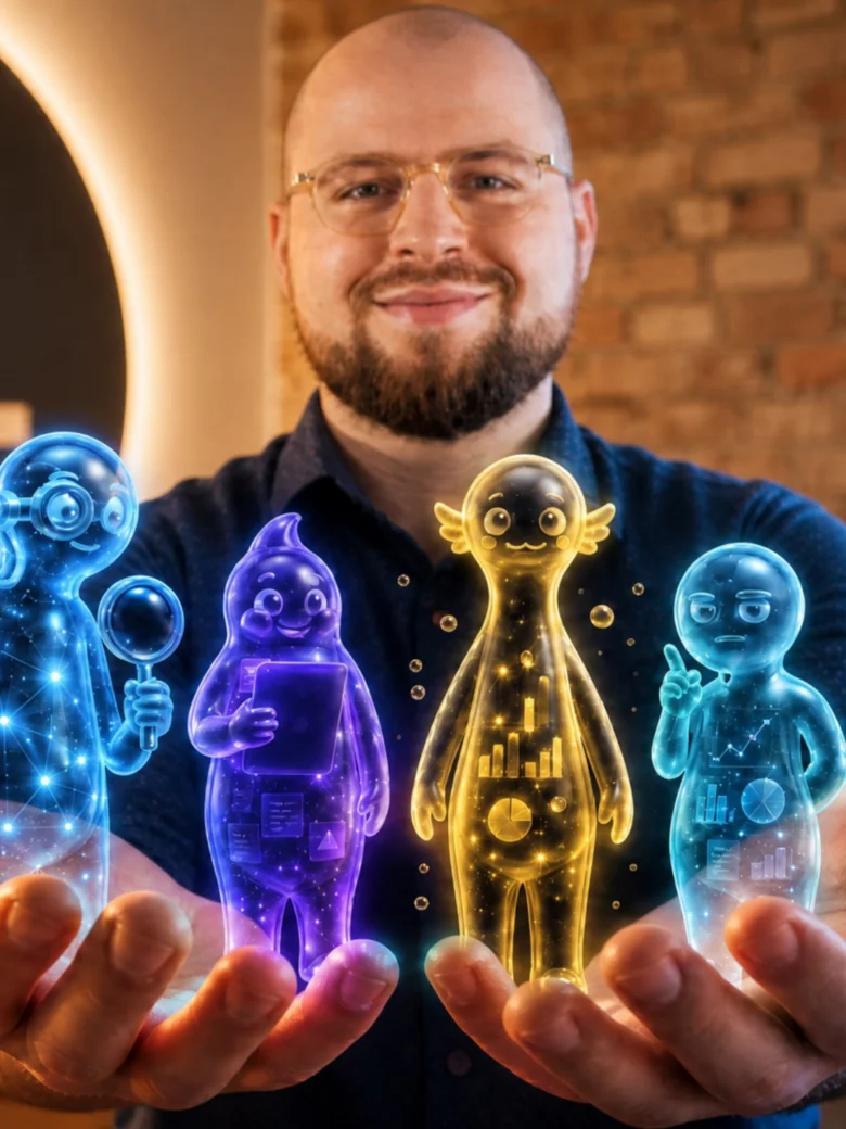 Muž drží v rukou čtyři svítící hologramy symbolizující filantropii.
