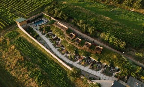 Letní resort v vinici s bazénem a terasami pro narozeniny.