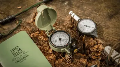 Kompasy ležící na kůře stromu pro orientaci v terénu
