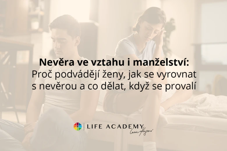 Muž a žena sedící odděleně v posteli s nápisem o nevěře.