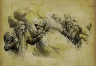 Ilustrace trpaslíků nosících velké balvany přes ramena.