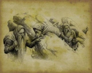 Ilustrace trpaslíků nosících velké balvany přes ramena.
