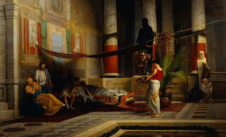 Historická malba smrti římského císaře Nera v paláci.