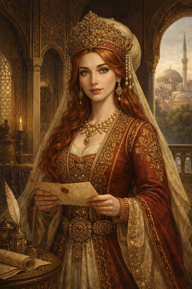 Portrét Hurrem sultán v osmanském šatu držící dopis