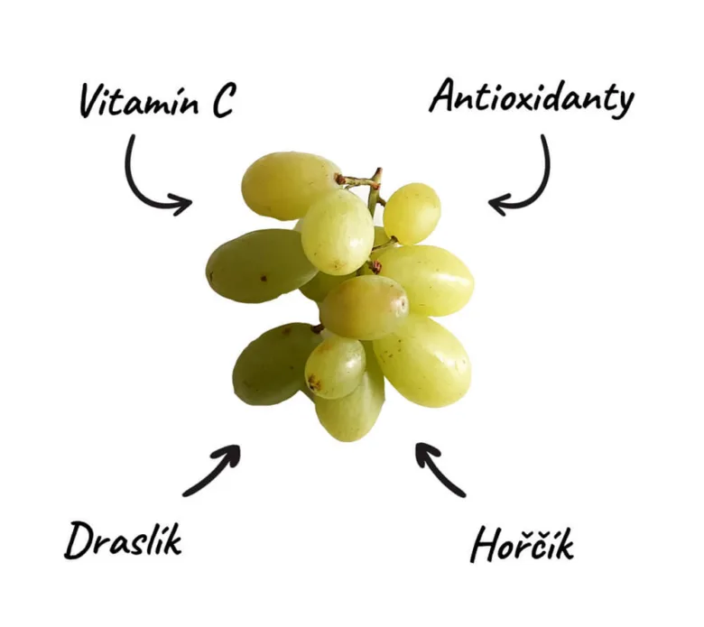 Foto zelených hroznů s českými popisky vitamínů.