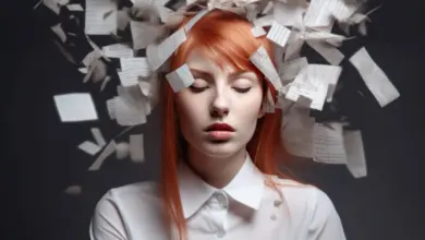 Woman with papers around head