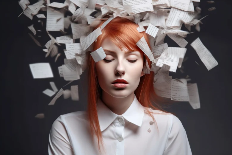 Woman with papers around head