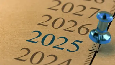 Kalendář s modrou jehlou označující rok 2025.