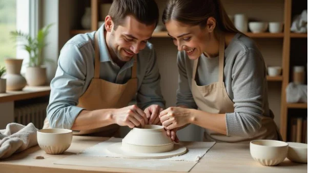 Muž a žena tvoří porcelánovou misku společně v keramické dílně.