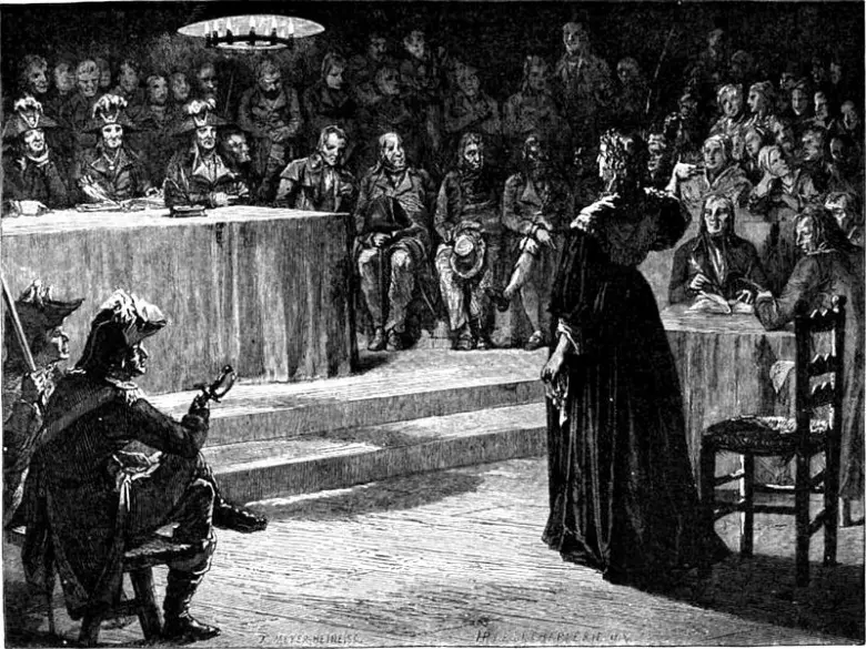 Ilustrace soudu Marii Antonietty v historickém tribunálu.