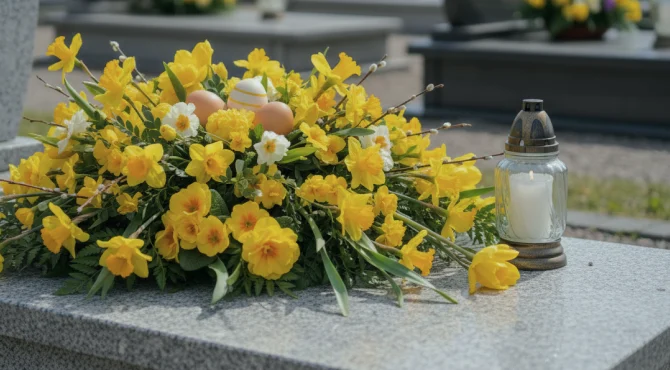 Žluté narcisy s vajíčky a svíčkou na hrobě.