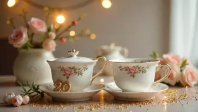 Porcelánová sada s růžemi pro dvacetiletou svatbu.