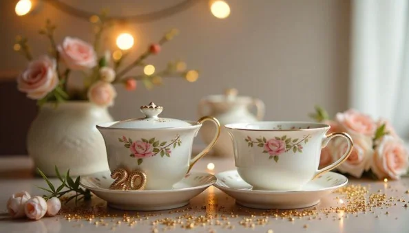 Porcelánová sada s růžemi pro dvacetiletou svatbu.