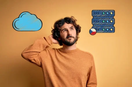 Muž uvažuje nad ikonami cloudu a servery pro téma formátů obrázků.
