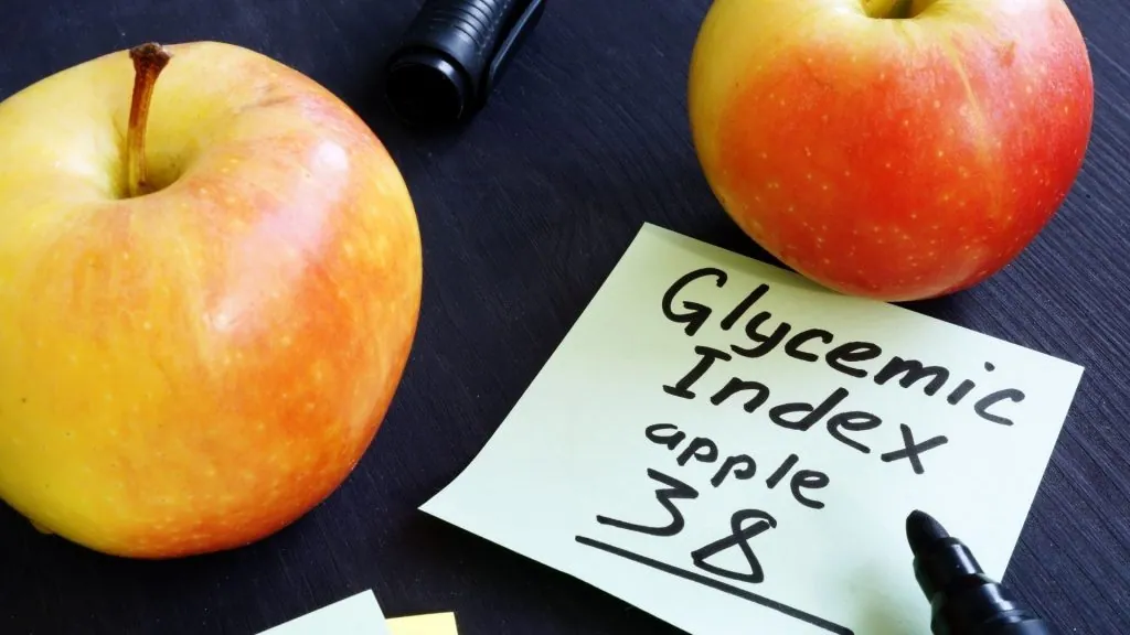 Dva jablka vedle poznámky s glykemickým indexem pro jablko.
