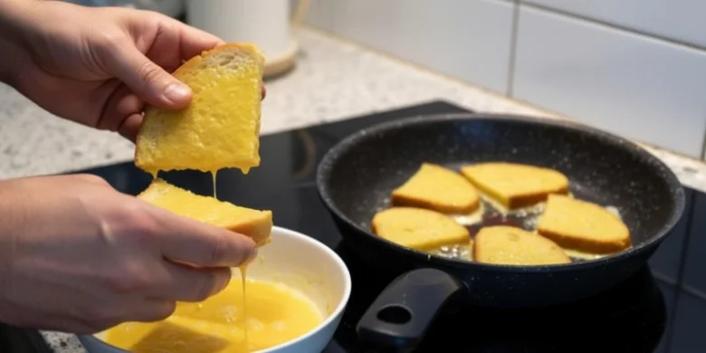 Příprava francouzského toastu s vejci na pánvi.