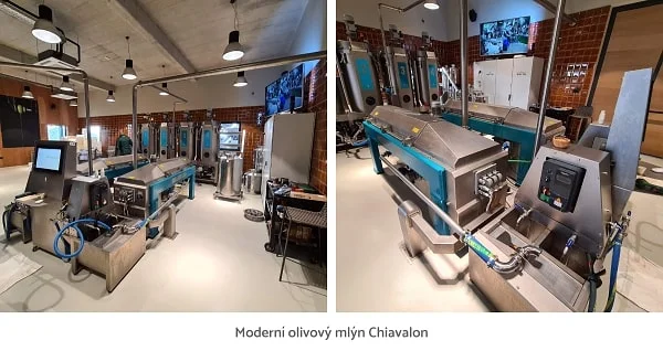 Vnitřek moderního mlýna na výrobu olivového oleje s technologiemi.