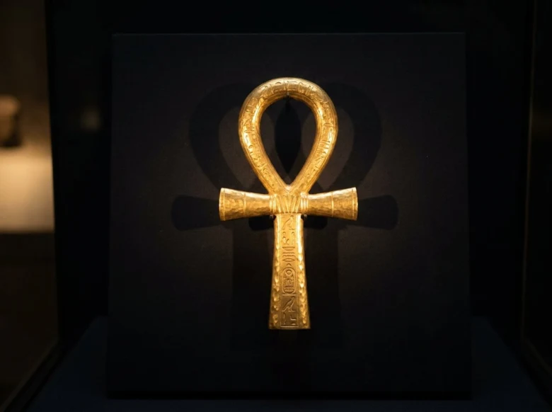 Zlatý egyptský symbol Ankh s hieroglyfy v expozici.