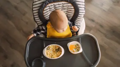 Sedmiměsíční miminko v jídelní židli s jídlem na podnose.