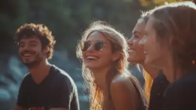Group of friends laughing outdoors