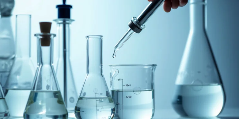 Laboratorní sklo s tekutinami pro ředění alkoholu vodou.