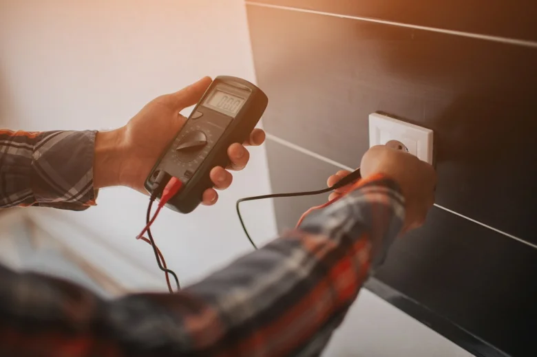 Měření napětí v zásuvce multimetrem při práci s elektrickým obvodem.