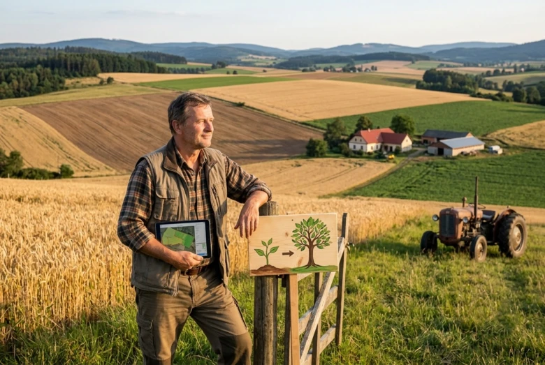 Farmař s tabletu u tabule o rostlinách na pozadí polí.