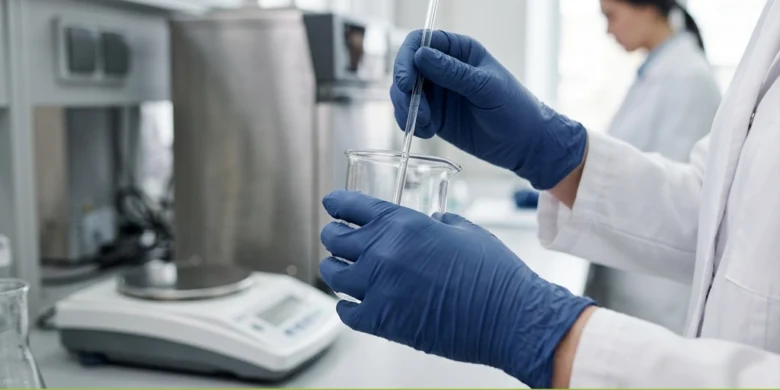 Vědec v laboratoři používá modré nitrilové rukavice při práci s chemikáliemi.