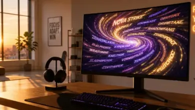 Monitor s přezdívky hráčů na pozadí kanceláře při západu slunce.