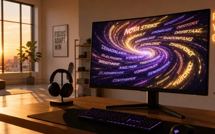 Monitor s přezdívky hráčů na pozadí kanceláře při západu slunce.