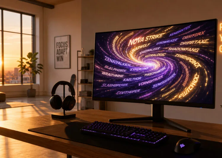 Monitor s přezdívky hráčů na pozadí kanceláře při západu slunce.