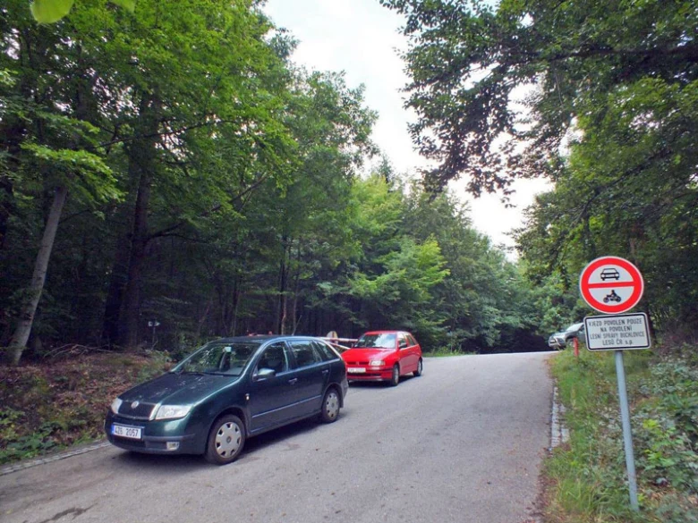 Silnice v lese s parkovanými auty a zákazem motorových vozidel