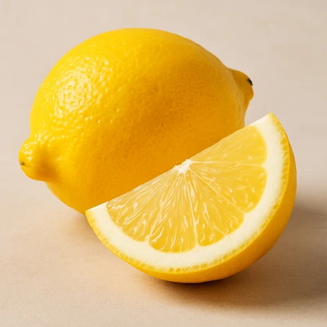 Celý citron s řezaným kouskem na neutrálním pozadí.