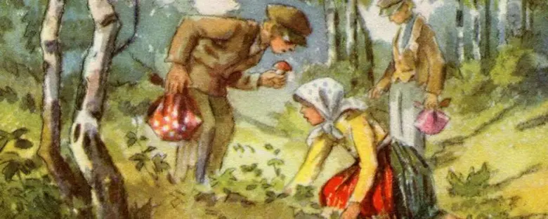 Ilustrace lidí sbírajících houby v lesu s břízami.