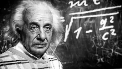 Portrét Alberta Einsteina před tabulí s fyzikálními rovnicemi.