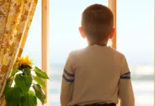 Chlapec se dívá ven z okna na moře.