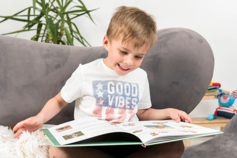 Boy reading book at home