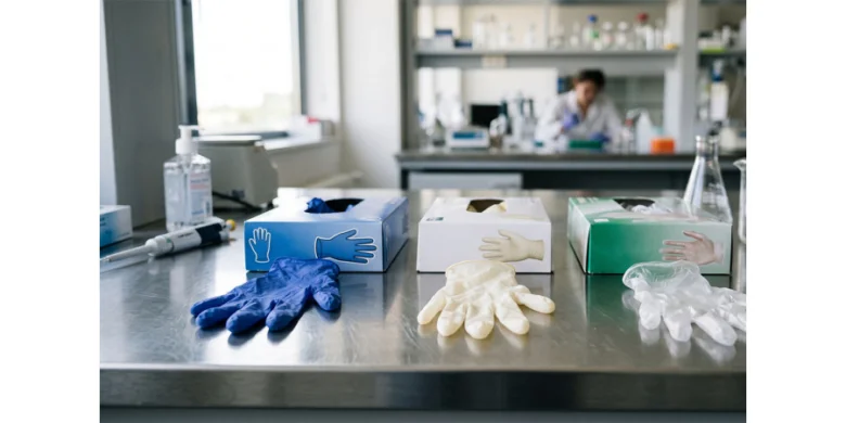 Modré bílé a průhledné nitrilové rukavice na laboratorním stole.