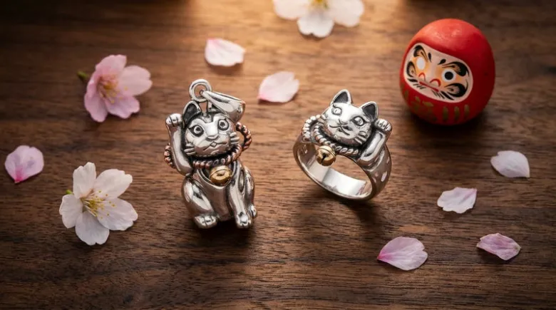 Stříbrné sošky maneki neko, prsten s kočkou a daruma na dřevě.