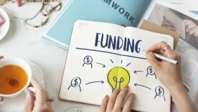 Ruce píšou slovo FUNDING v poznámkovém sešitu s ikonami peněz.