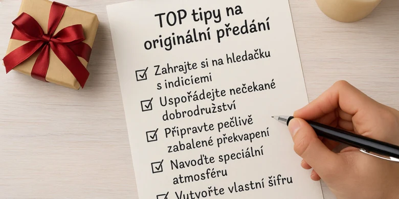 Ruka píše seznam tipů na originální předání s dárkem.
