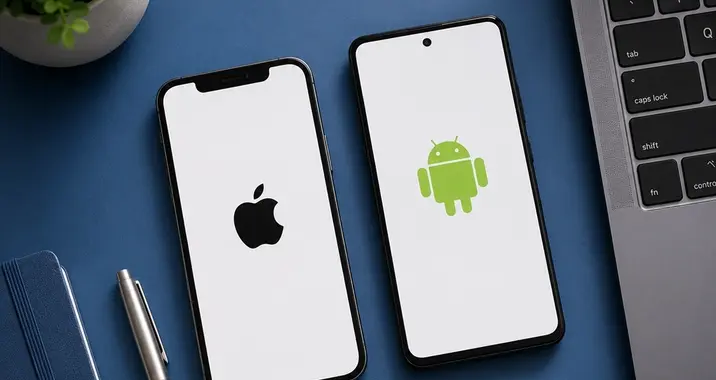 Dva chytré telefony s logy Apple a Android na modrém stole.