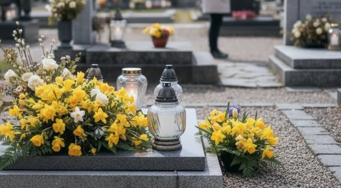 Hrob ozdobený žlutými květinami svíčkami na hřbitově