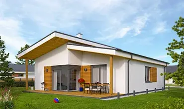 Moderní dům s dřevěnými prvky na trávníku pod modrou oblohou.