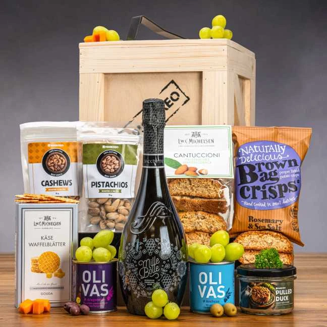 Wedding gift hamper with wine and snacks