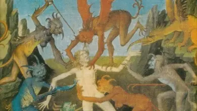 Ilustrace padlých andělů útočících na člověka z rukopisu.
