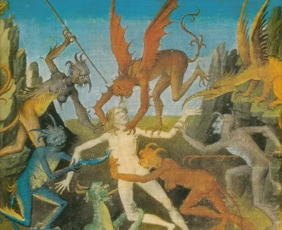 Ilustrace padlých andělů útočících na člověka z rukopisu.